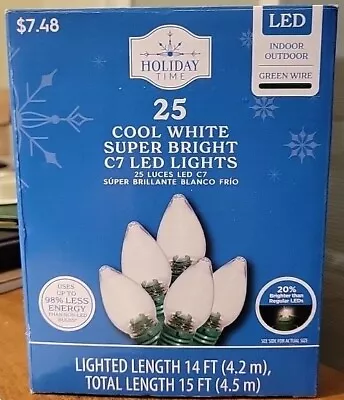 25-Count Cool White Super Bright LED C7 Christmas Lights With Green Wire 15' H • $12.98