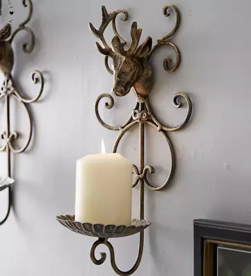 Stag Candle Holder Wall Mounted Bronze Pillar Church Sconce Country Traditional • £12.99