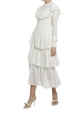 Zimmermann Jude Tiered Midi Skirt | Cream/White High Waist Crochet Ladders • $289.99