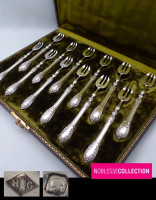£278.21 • Buy ANTIQUE 1880s FRENCH STERLING SILVER DESSERT/CAKE FORK SET 12 P Art Rococo Style