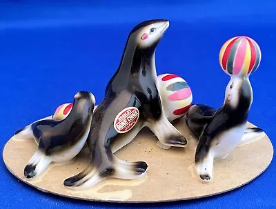 LOT Of 3 VINTAGE BRADLEY BONE CHINA MINIATURE CIRCUS SEALS W/BALLS On ORIG. BASE • $15