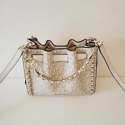 Michael Kors Mina Small Belt Chain Inlay Crossbody Handbag MK Logo Light Cream • $118.25