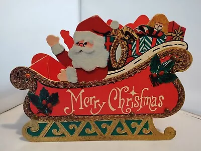 Vintage FOLDING CARDBOARD SANTA IN SLEIGH CHRISTMAS CARD HOLDER-Table Decor-MCM • $10