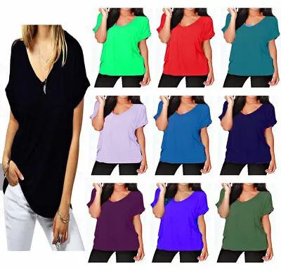 Womens T Shirt Ladies Oversized Baggy Turn Up Batwing Loose V Neck Plus Size Top • £7.99