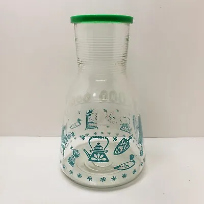 Vtg Hazel Atlas Glass Juice Ribbed Carafe Bottle Rooster Spinning Wheel Teal 8  • $19.99