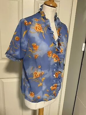 Vintage Bespoke Blue Yellow Orange Floral Frill Blouse Short Sleeve Size 14 • $14.92