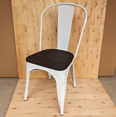 New Tolix White Metal Chair Dark Wood Seat Retro Bistro Cafe Restaurant Stacking • £39.98