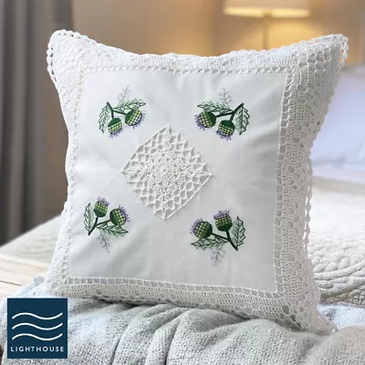 Pair Of Soft White Cotton Floral Country Cottage 17  Cushion Covers Lace Knitted • £7.95