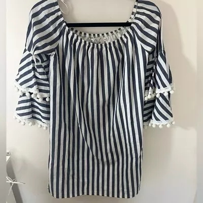 VaVa By Joy Han Off The Shoulder Dress Gray Blue White Stripe Medium • $40