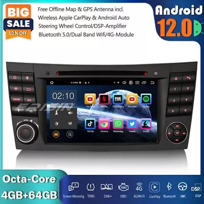 64GB Android 12 Car Stereo Sat Nav DAB+ CarPlay Mercedes CLS/G/E Class W211 W219 • £239.41
