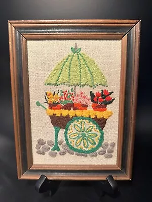 VTG Hand Embroidered Crewel Framed Art Flower Cart 8 3/8” X 6 3/8” • $32