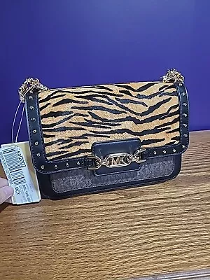 MICHAEL KORS Heather Large Studded Tiger Printed Calf Hair And Logo Shoulder Bag • $135.45