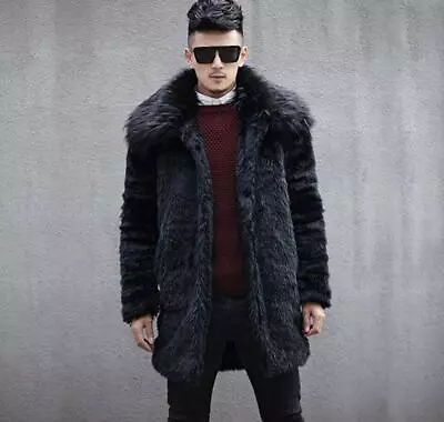 Winter Mens Coats Lapel Fur Collar Thicken Faux Fur Long Warm Fur Overcoat Chic • $83.69