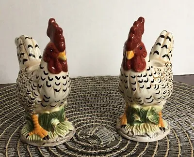 Pair Of Black & Cream Speckled Ceramic Rooster & Hen Candleholders - J. Willfred • $22.99