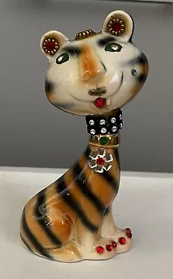 Vintage Mod Tiger Cat Figurine By Kreiss Ceramics - Rhinestones- Repaired - Cute • $15