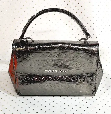 Michael Kors Small PYRAMID METALLIC SATCHEL Shiny Leather ~ GUNMETAL ~ *READ* • $31.30