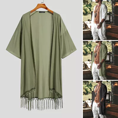 INCERUN Mens 3/4 Sleeve Cardigan Coat Tassels Hem Loose Kimono Cape Jacket Tops • $16.06