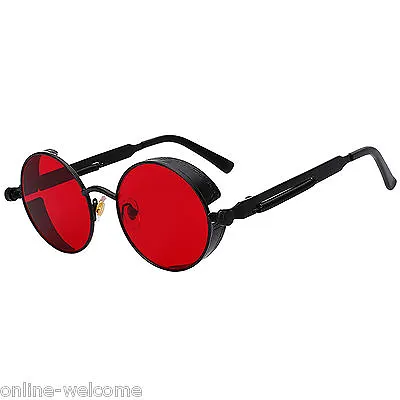 Steampunk Gothic Retro Round Circle Sunglasses Black Metal Frame Red Lens C12 • $10.99
