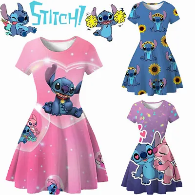 Kids Girls Lilo Stitch Cartoon Costume Dress Pleated Skirt Princess Party Attire • £3.64