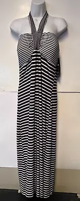 NWT Mlle Gabrielle Black White Striped Halter Maxi Dress Built In Bra Size 1X • $10.75