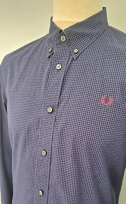 Men's Fred Perry Micro Gingham Check Long Sleeve Shirt L (Medieval Blue) Mod... • £0.99