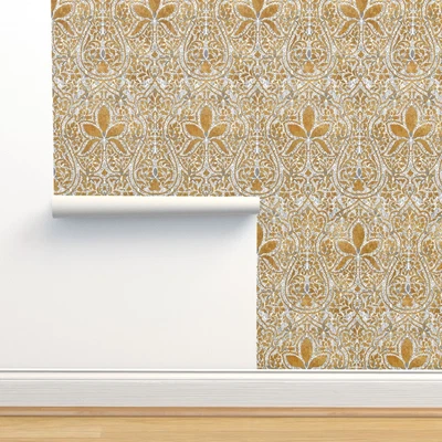 £33.61 • Buy Removable Water-Activated Wallpaper Indian Gold Silver Persian Batik Ikat