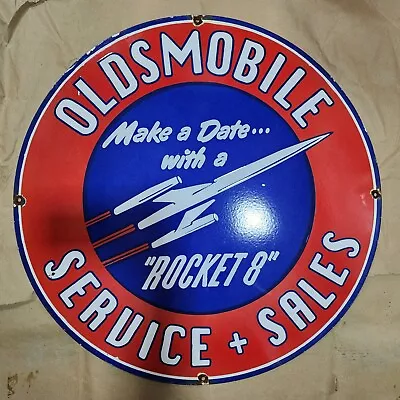 Oldsmobile Rocket Porcelain Enamel Sign 30 Inches Round • $100