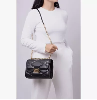 New Michael Kors Serena Md Flap Chain Shoulder Crossbody Quilted Bag Black/gold • $119.99