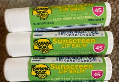 3 Pk Banana Boat AloeVera With VitaminE Sunscreen Lip Balm Spf 45 .15oz Each • $12.95