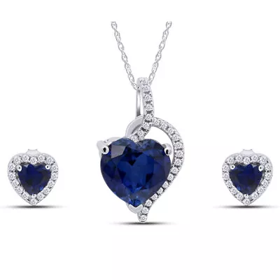 Heart Blue Sapphire & Pendant & Earrings Set Sterling Silver • $71.99
