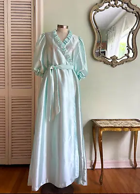 Vintage Miss Elaine Aqua Satin Robe Dressing Gown Peignoir Ruffled Puff Sleeve L • $55