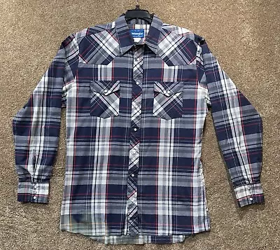 Wrangler Mens LT Western Cut Pearl Snaps BluePlaid Front Pockets Cotton -READ • $14.99