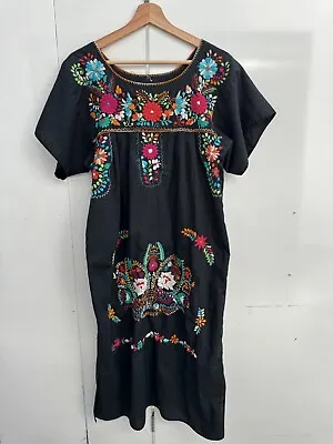 VTG Embroidery Mexican Ethnic Boho Dress Floral Handmade Womens Size M • £38.60