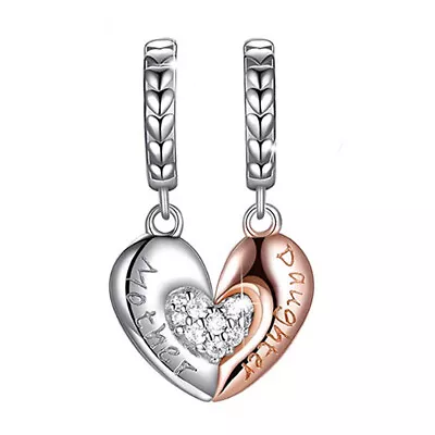 Mother Daughter Heart Charm European Bead Sterling Silver Clear CZ Ginger Lyn... • $24.99