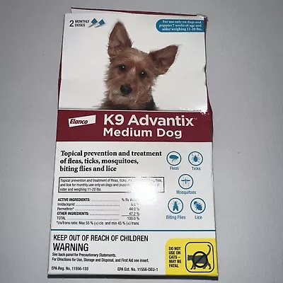 Dog Flea And Tick Killer | Elanco K9 Advantix | Medium Dogs 11-20 LBS ~ 2  Doses • $19.99