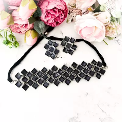 Black Square Necklace And Matching Earrings For Women Indian Jewellery • $48