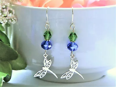 OOAK Artisan Made Stainless Steel Dragonfly Charm Silver Dangle Earrings Blue • $12.99