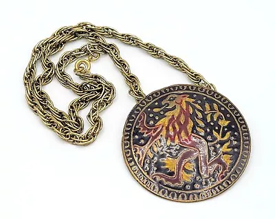 Vtg Griffin Lion Necklace Lee Bernay Designs Lg Brass Medallion Enamel Jewelry  • $49.99