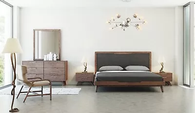 NEW 5 Piece Modern Queen King Bedroom Set In Walnut Brown & Gray Fabric IVAH • $2835.74