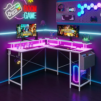 Advwin L Shaped Gaming Desk LED Lights Corner Desk With Monitor Stand White • $169.90