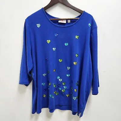Quacker Factory Womens Plus 3/4 Sleeve Tunic Top Sequins Size 3X Blue Hearts • $39.97