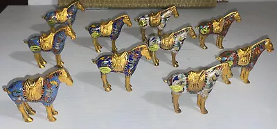 Vintage Lot 10 Miniature Chinese Cloisonne Metal Horses  2.8” L 4 Colors W/ Box • $199.95