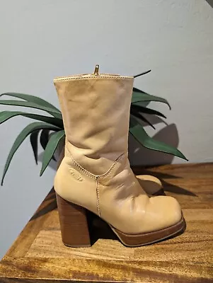 Vintage Bongo Super Chunky Square Toe Leather Y2K Women’s Size 7m Boots Tan • $75