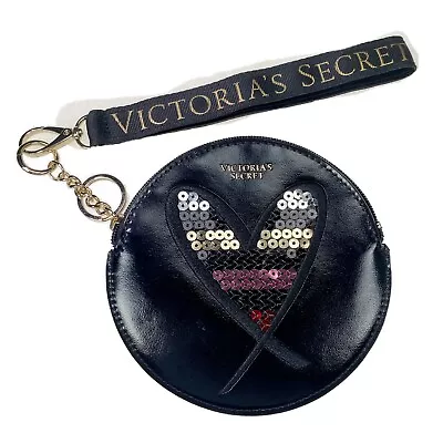 Victoria Secret Coin Purse Clutch Round Black Faux Leather Sequin Heart • $20.50