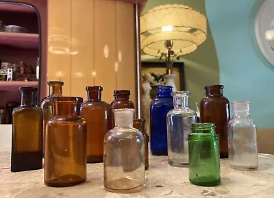 Large Lot Of 12 Antique Vintage Glass Medicine Bottles Cork Drugstore Baker’s • $25