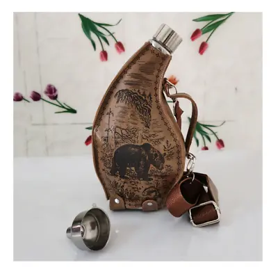 Vintage Leather Carrier Strap Stainless Steel Flask Portable 53oz Outdoor Bear • $104.98