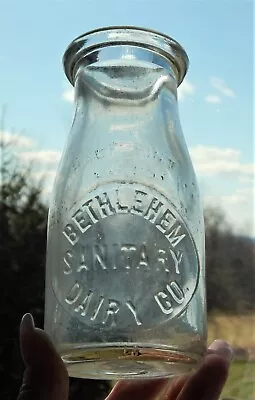 Vintage BETHLEHEM SANITARY DAIRY CO Half 1/2 Pint Liquid Glass Squat Bottle • $10