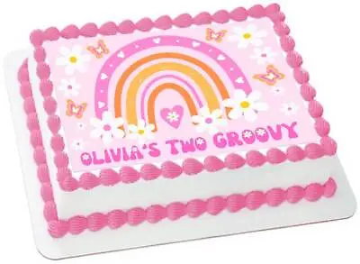 Two Groovy Cake Topper Retro Rainbow Daisy Personalized Rectangle Image #222 • $21.95