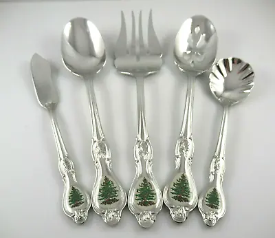 5 Serving Pcs. Spode Christmas Tree Stainless Flatware Off White Insert Wallace • $89