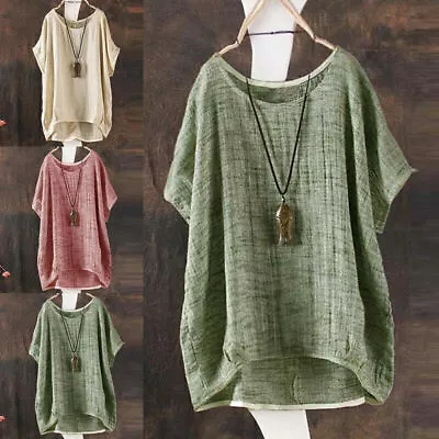 Womens Linen T Shirt Casual Batwing Sleeve Blouse Top Baggy Summer Tee Plus Size • £12.75